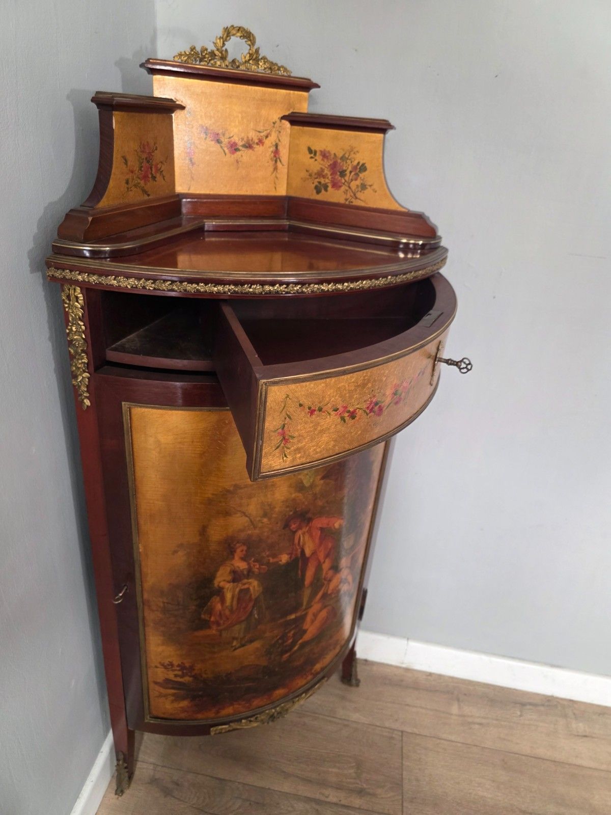 photo furniture Antique French Vernis Martin Style Corner Cupboard 1900s