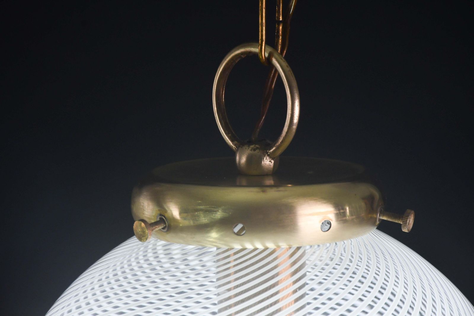 Italian Mid Century Pendant Light With Optic Spiral Glass Globe And Restore Bras photo 1053.0