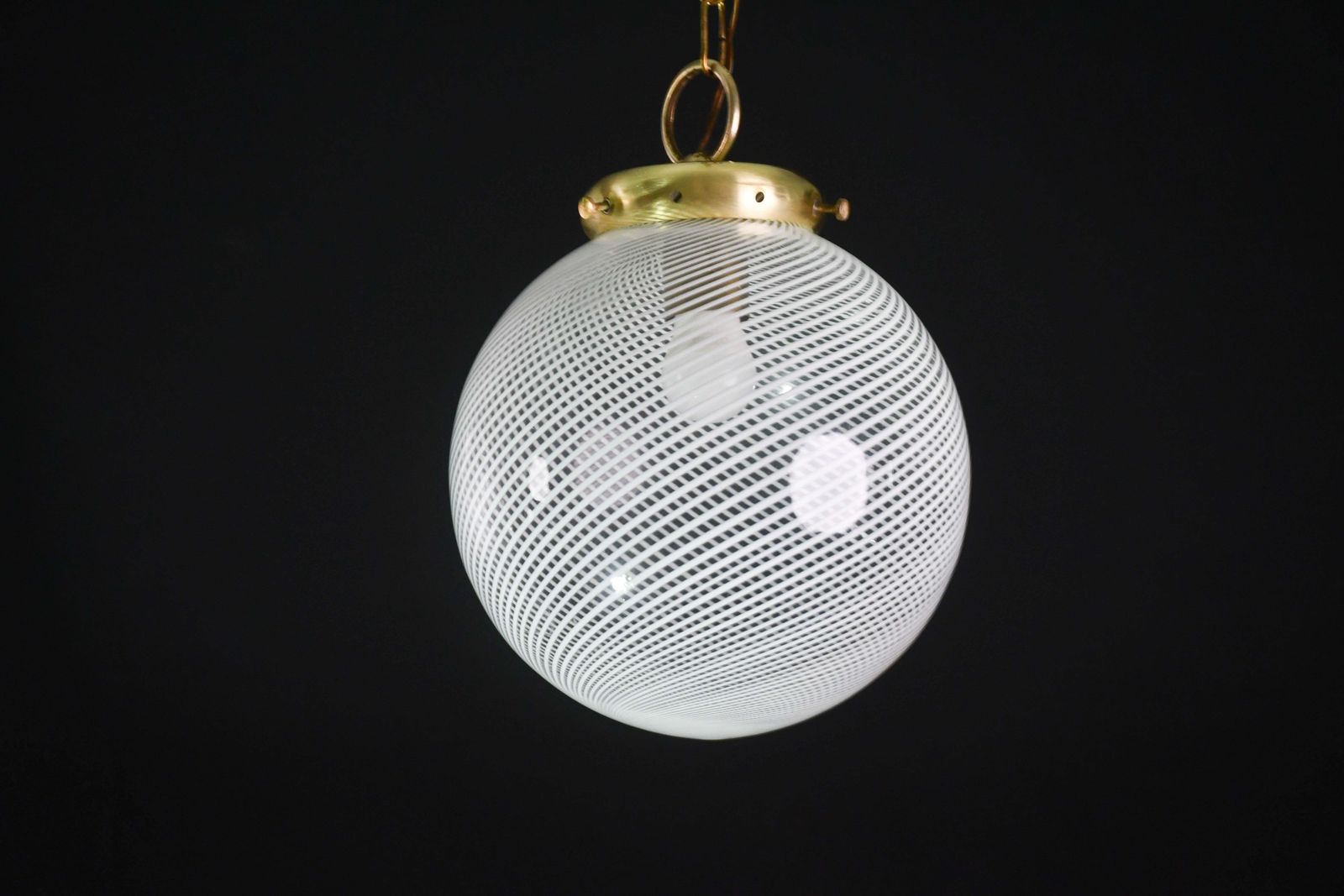 Italian Mid Century Pendant Light With Optic Spiral Glass Globe And Restore Bras photo vintage