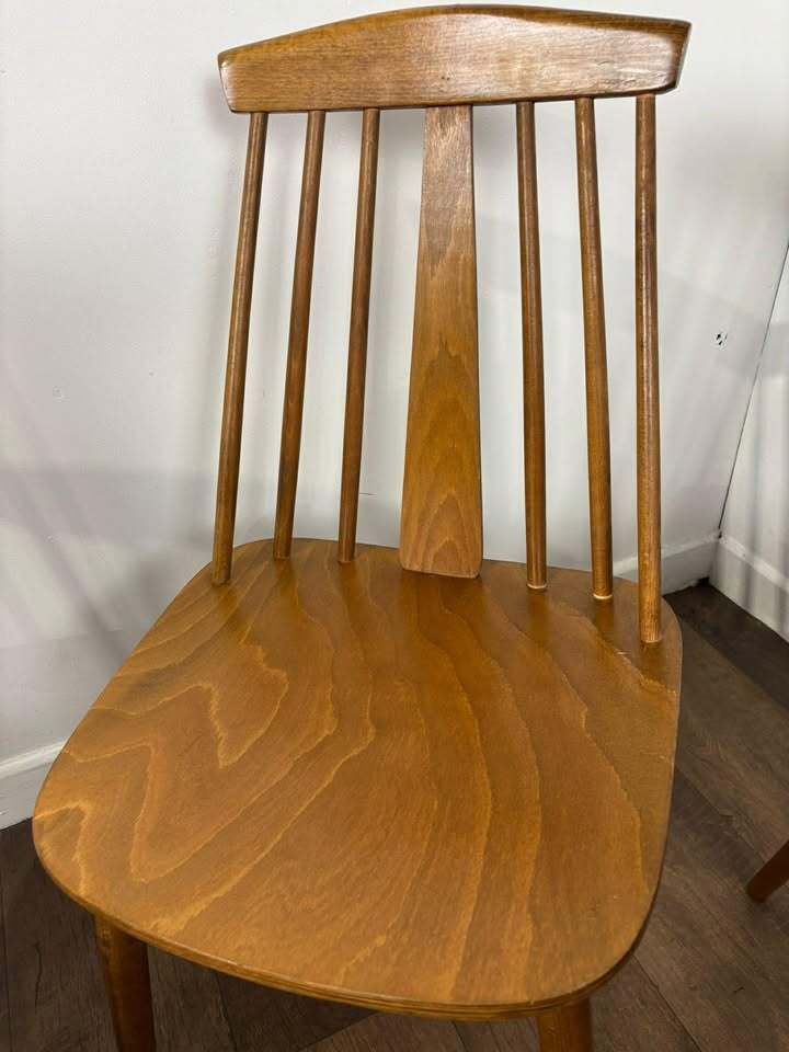 Set Of Four Rodanski Mid Century Danish Style Stick Back Dining Chairs photo vintage