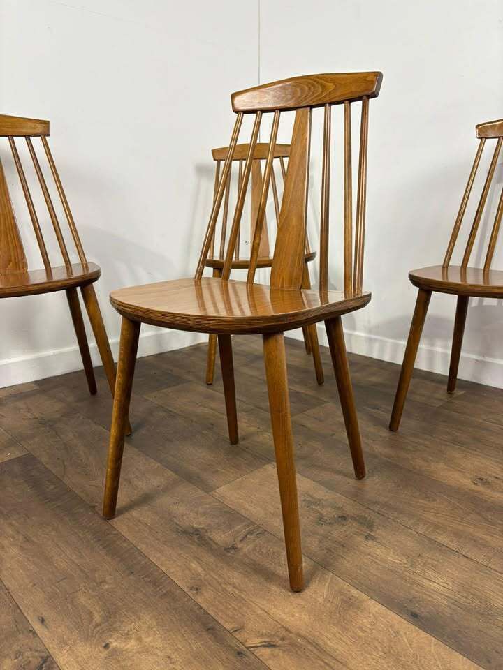 Set Of Four Rodanski Mid Century Danish Style Stick Back Dining Chairs