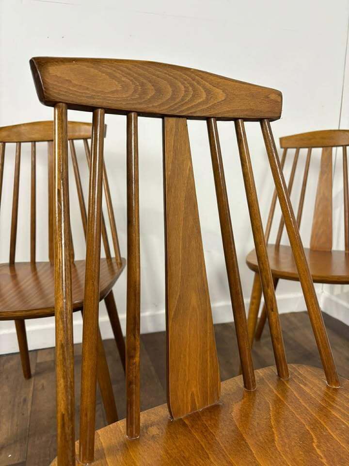 photo for sale Set Of Four Rodanski Mid Century Danish Style Stick Back Dining Chairs