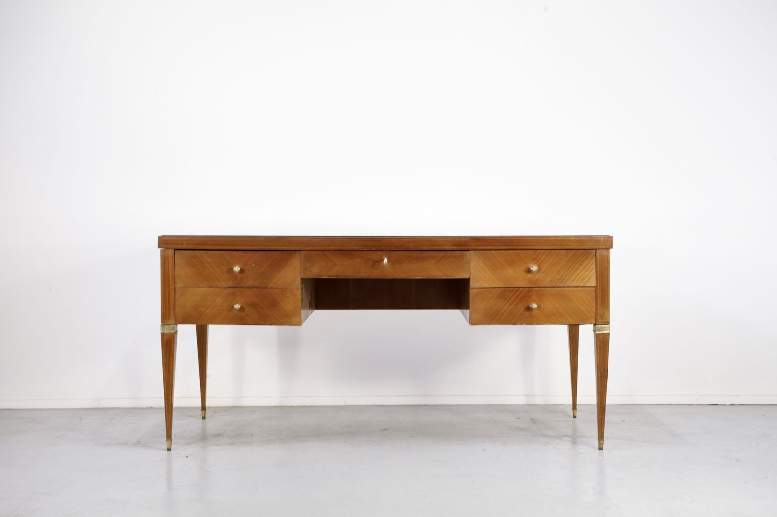 Midcentury Italian Desk In Walnut, Brass And Glass.
