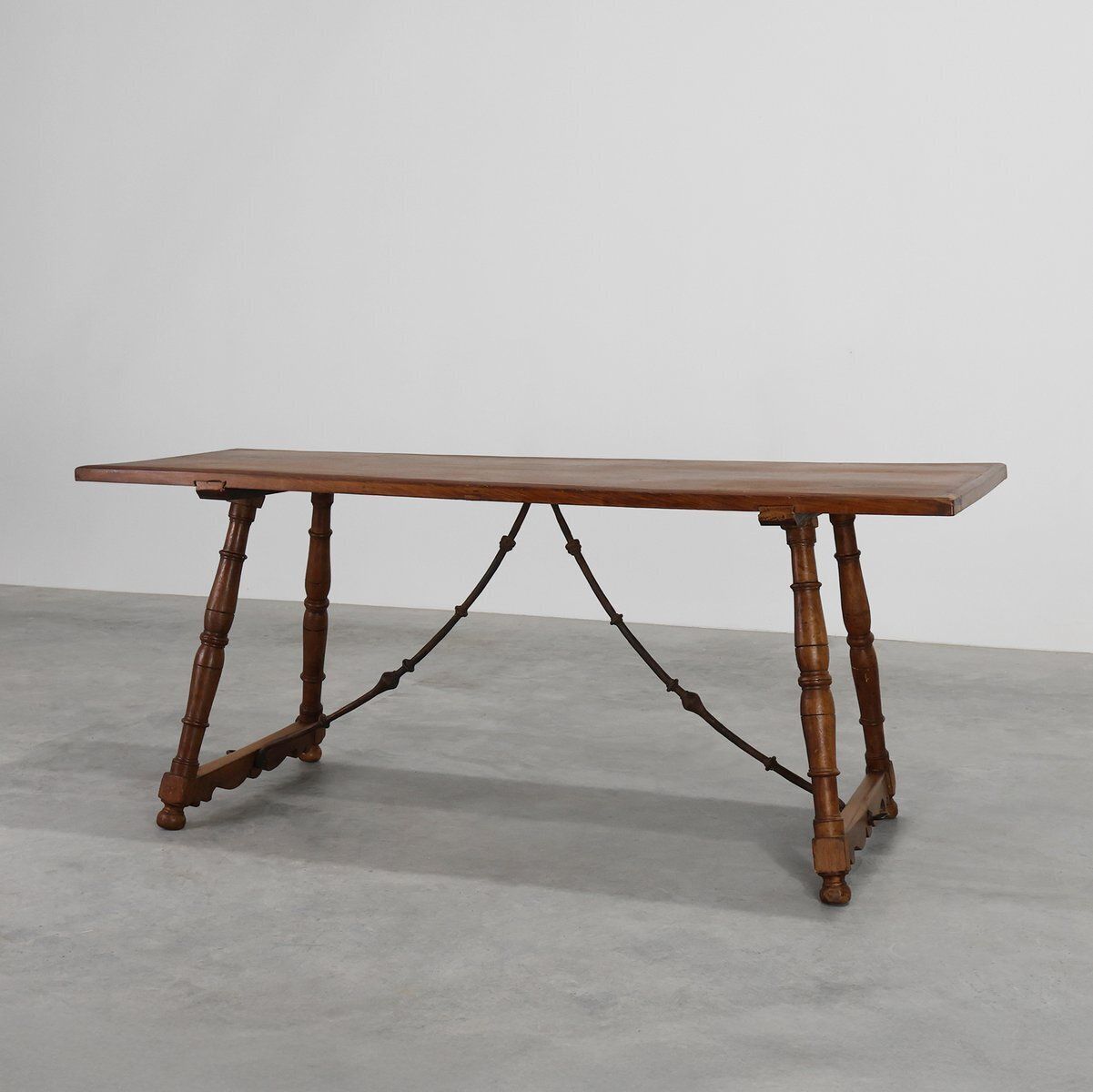 Antique Spanish Walnut Trestle Table With Iron Stretcher, 1700s