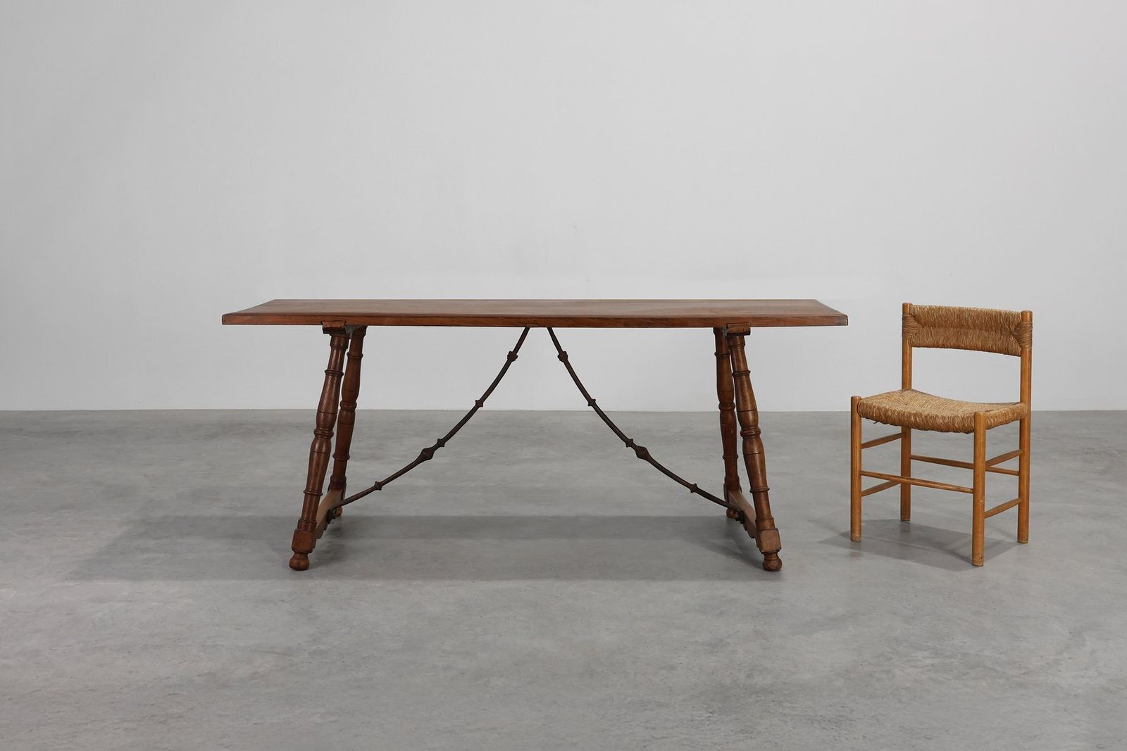 Antique Spanish Walnut Trestle Table With Iron Stretcher, 1700s photo furniture