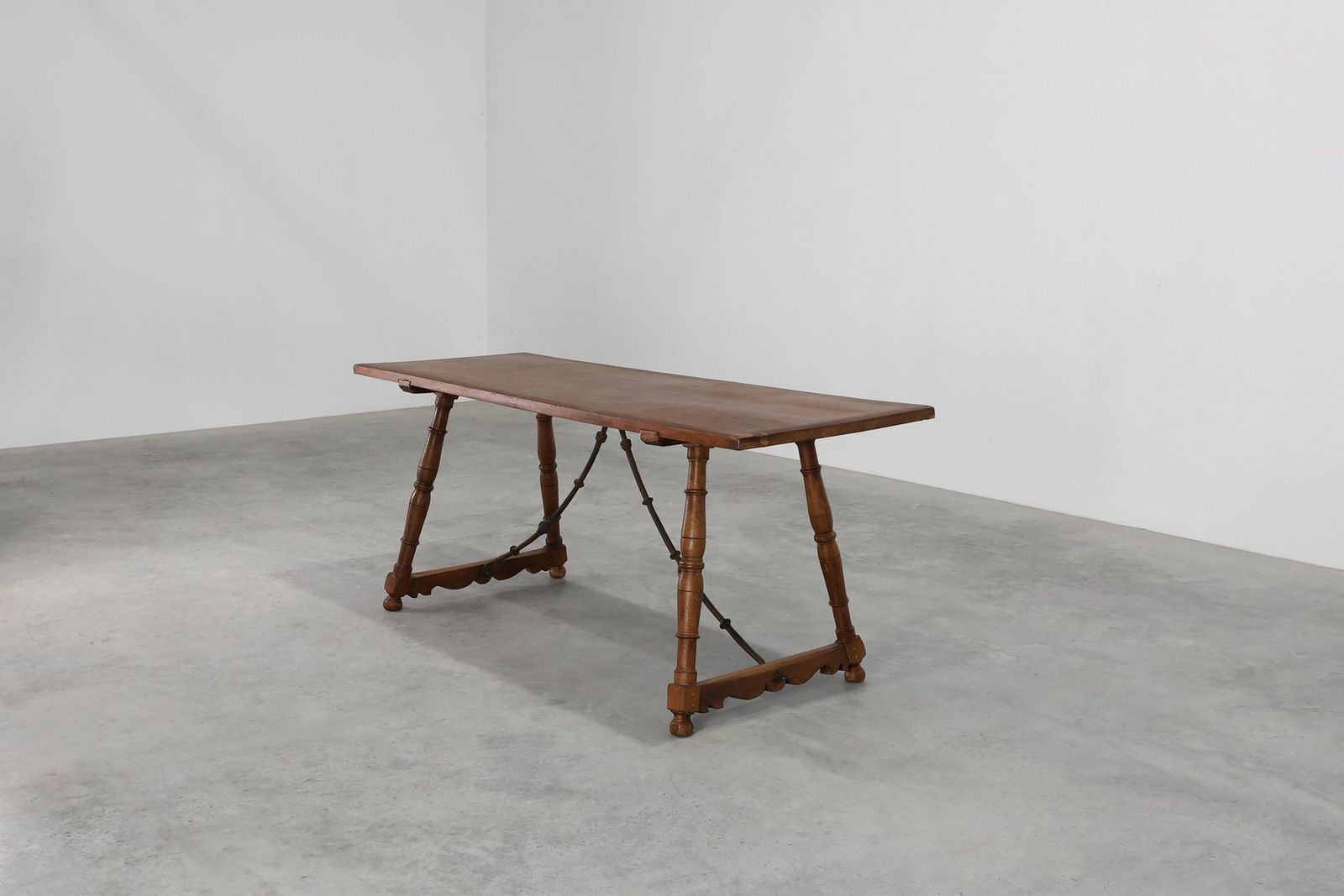 Antique Spanish Walnut Trestle Table With Iron Stretcher, 1700s photo buy