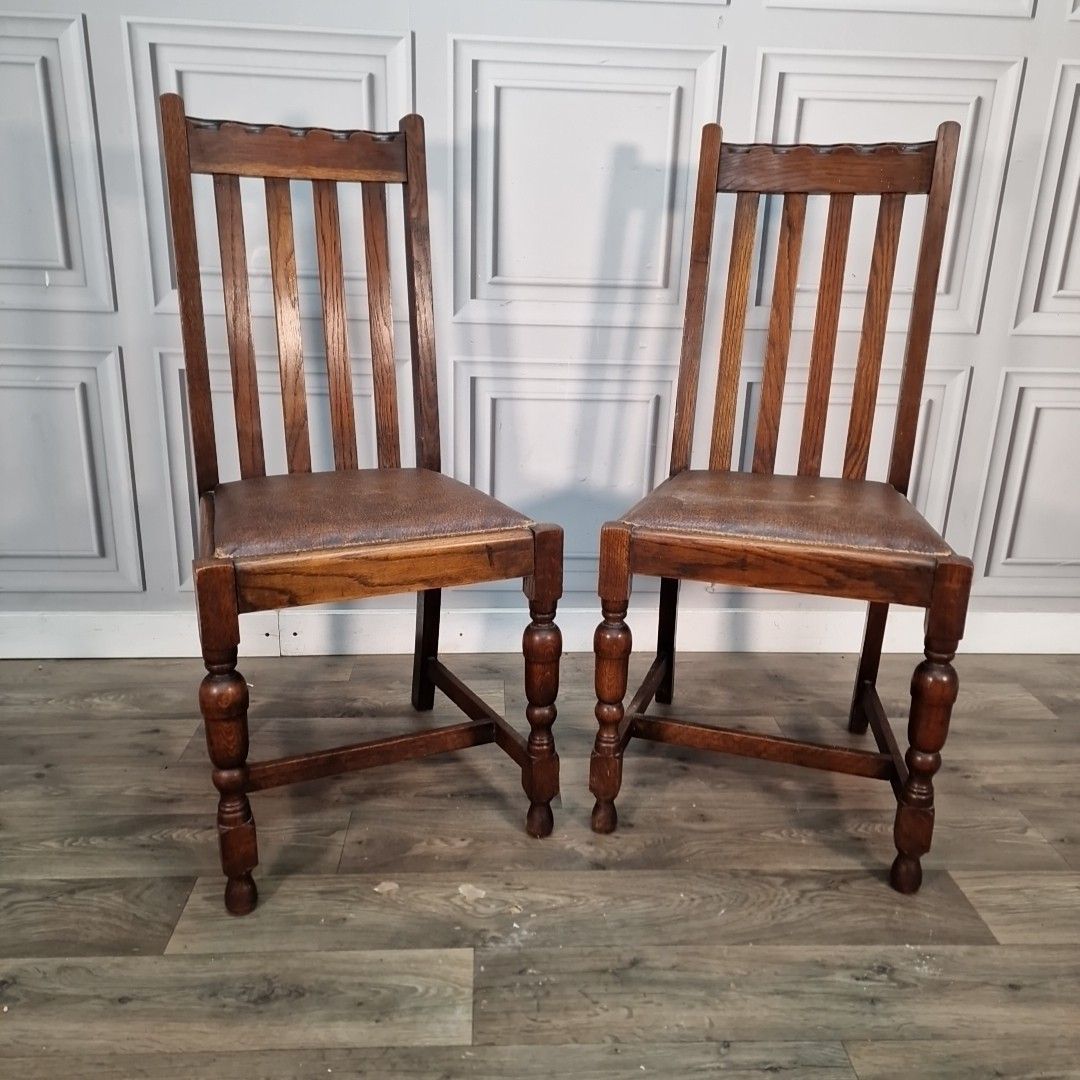 Antique Oak Dining Chairs Slat Back Leather Effect Seats Pair Vintage Seats