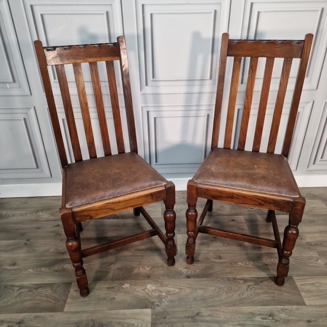 Antique Oak Dining Chairs Slat Back Leather Effect Seats Pair Vintage Seats photo furniture