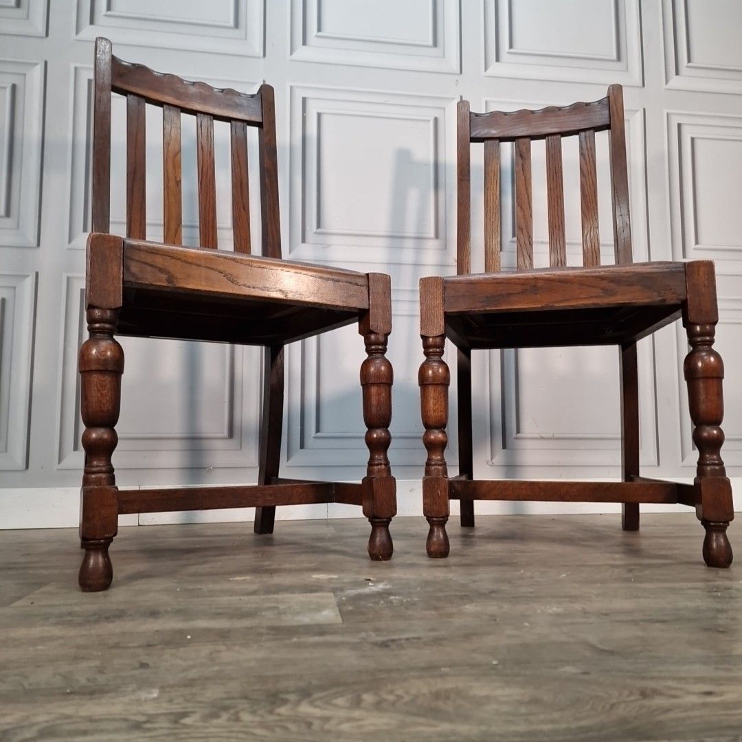 Antique Oak Dining Chairs Slat Back Leather Effect Seats Pair Vintage Seats photo for sale