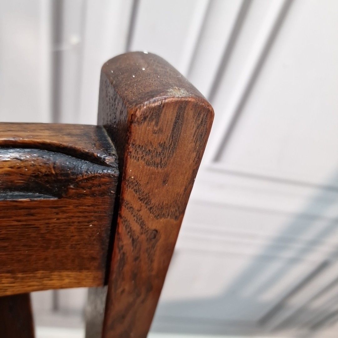 Furniture Antique Oak Dining Chairs Slat Back Leather Effect Seats Pair Vintage Seats photo
