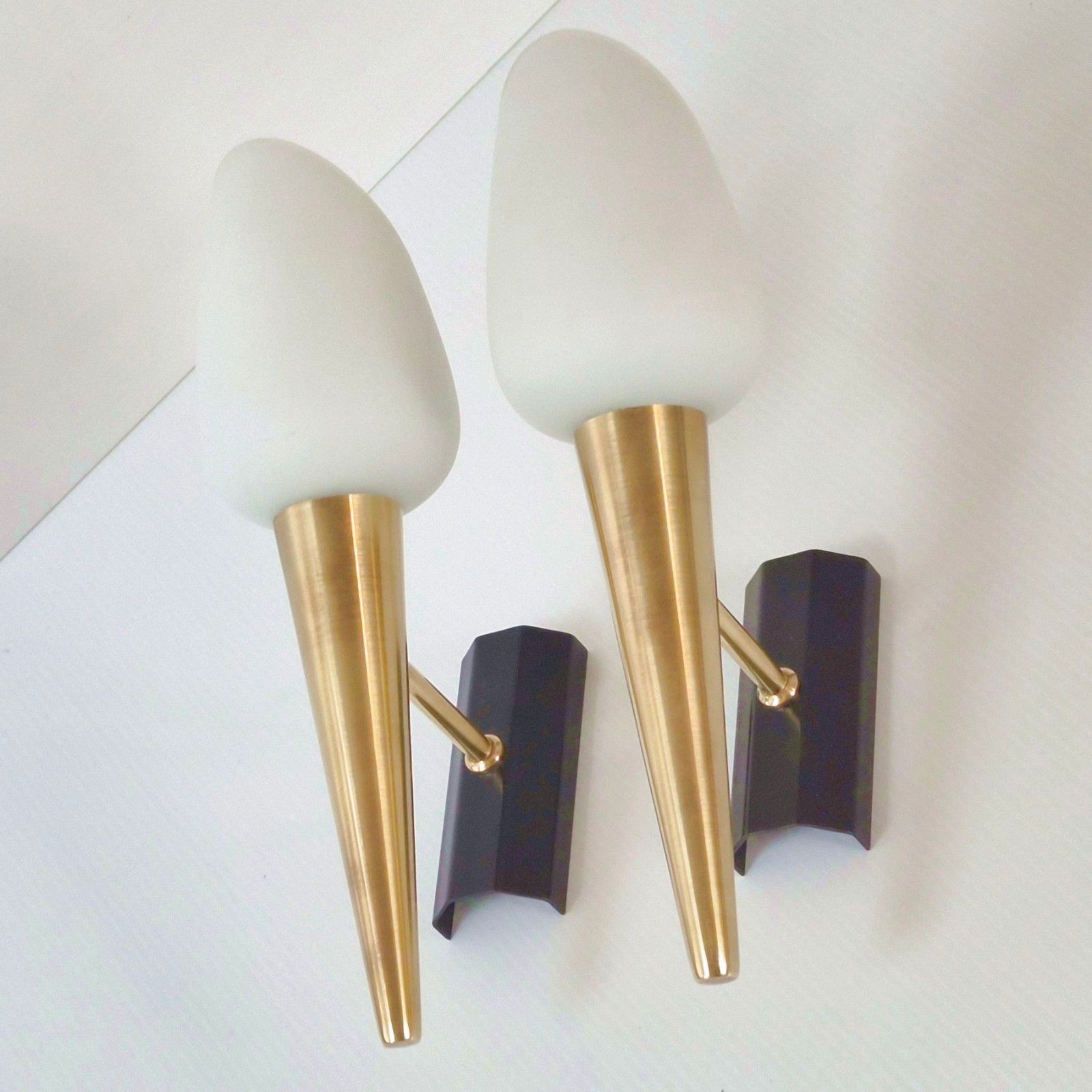Pair Of Vintage 1950 Brass Gold Metal Glass House Arlus Adjustable Sconces