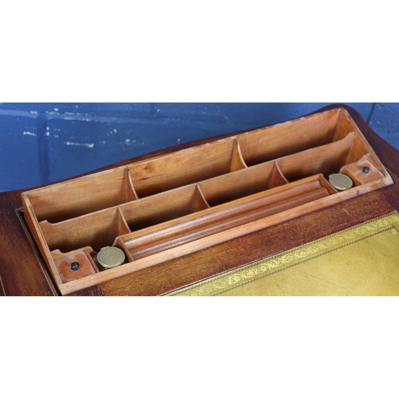 An Excellent Art Nouveau Mahogany And Leather Topped Desk Stones Patent Pop Up Interior photo Furniture