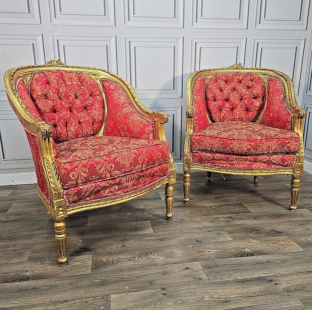 Antique Gilt Armchairs Button Back French Louis Belle époque Revival Chairs