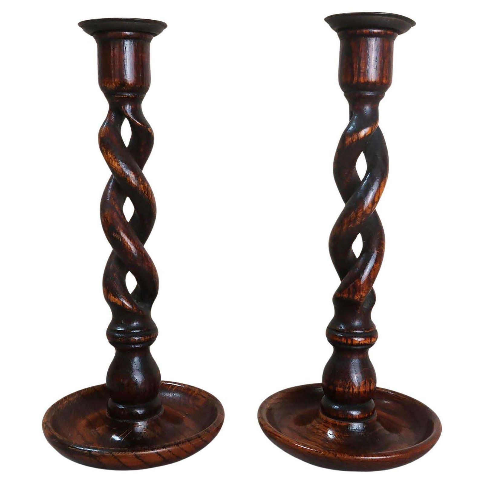 Large Pair Of Antique Oak Barley Twist Candlesticks, English, Circa 1920