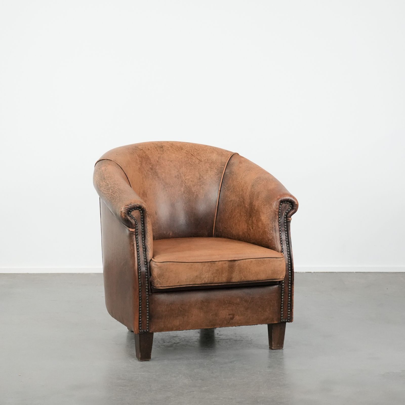 Timeless Vintage Sheep Leather Club Armchair With Character And A Beautiful Patina