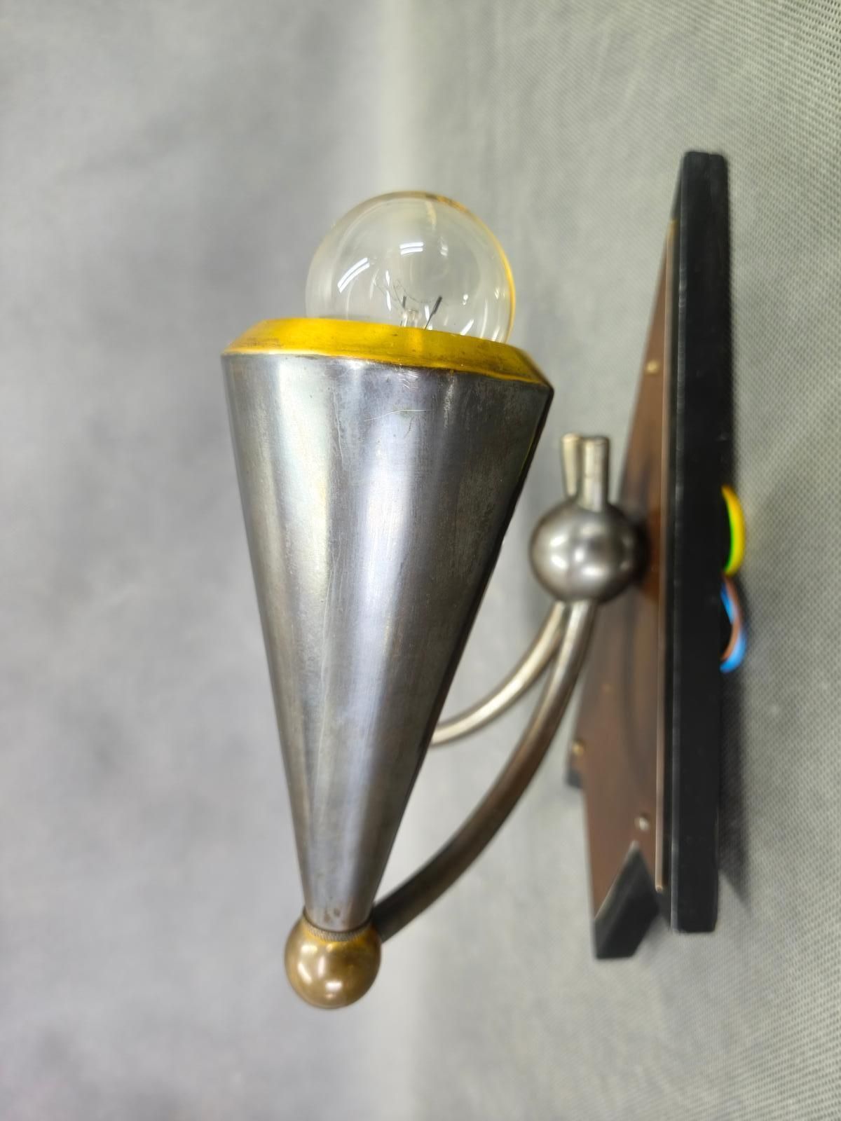 Czech Cubist Art Deco Wall Lamp, Metal And Wood, 1930s photo vintage