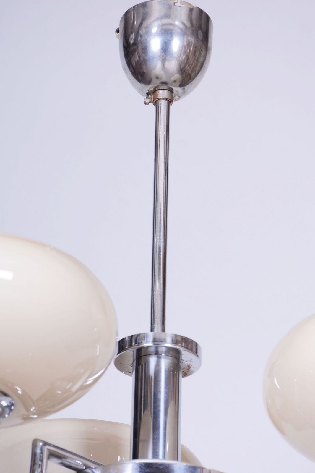 Restored Bauhaus Chandelier, Chrome Plated Steel, Opaline Glass, Czech, 1930s photo vinterior