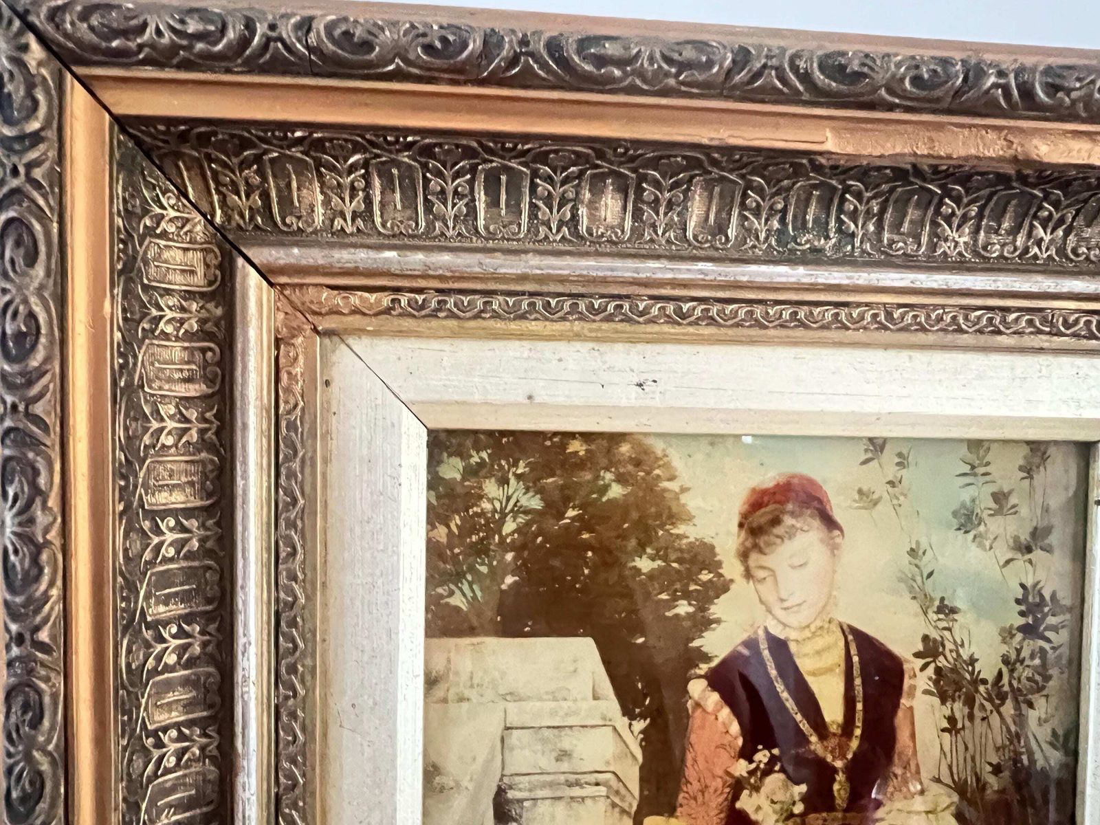 Antique 1880 Gabriel Schachinger Reverse Glass Painting "The Flower Gift" Ornate Gilded Victorian Frame   Munich School Period Fine Art photo for sale