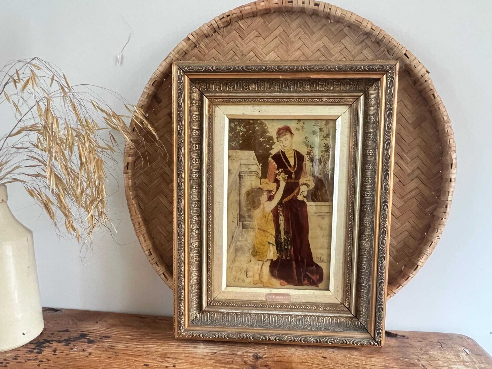 photo vinterior Antique 1880 Gabriel Schachinger Reverse Glass Painting "The Flower Gift" Ornate Gilded Victorian Frame   Munich School Period Fine Art
