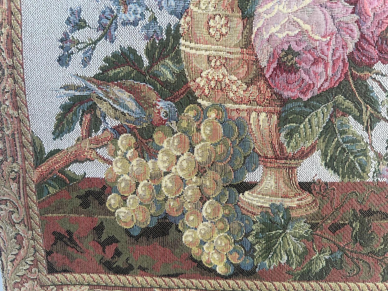 Vintage Dutch Floral Still Life Tapestry   Moody Old World Botanical Wall Hanging With Grapes & Bird's Nest   Woven Jacquard Textile Art photo vinterior