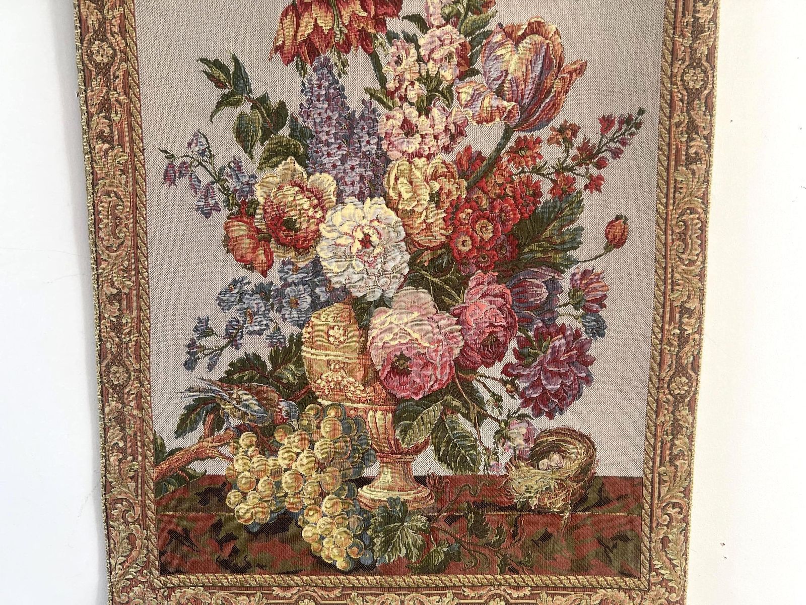 Vintage Dutch Floral Still Life Tapestry   Moody Old World Botanical Wall Hanging With Grapes & Bird's Nest   Woven Jacquard Textile Art photo vintage