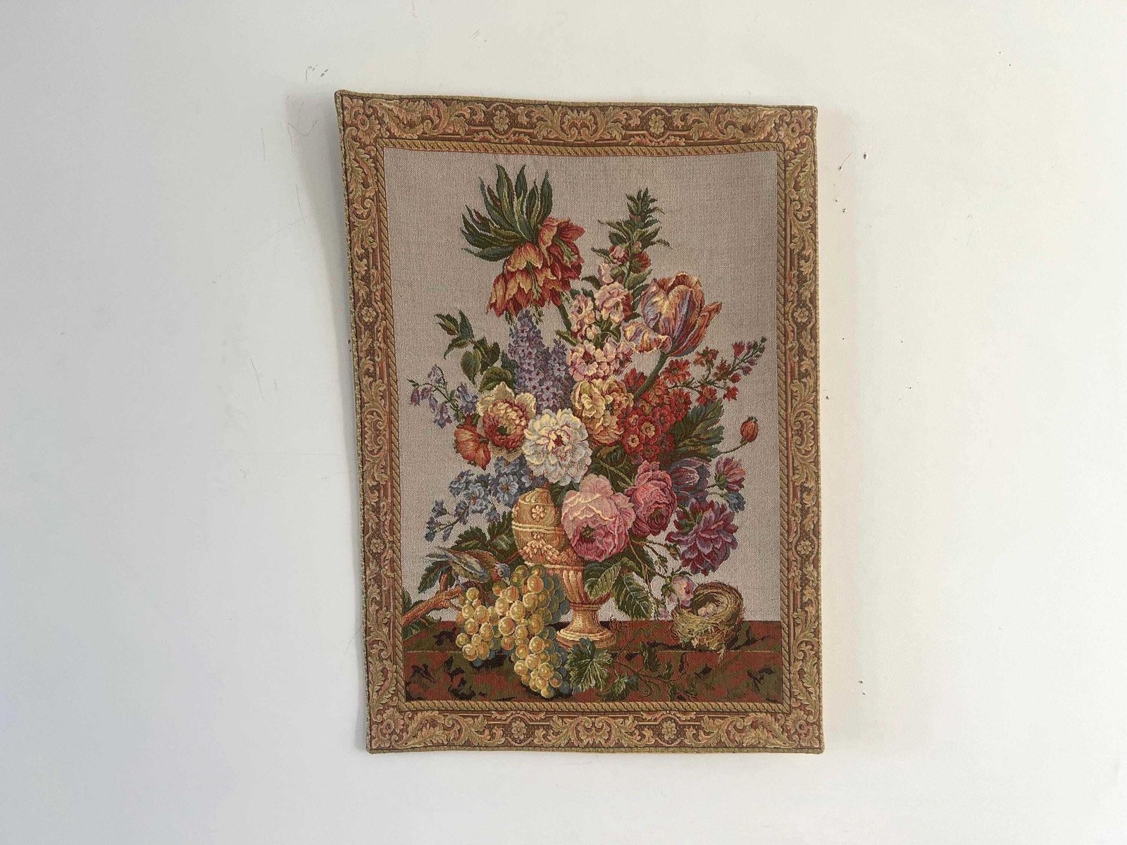 photo buy Vintage Dutch Floral Still Life Tapestry   Moody Old World Botanical Wall Hanging With Grapes & Bird's Nest   Woven Jacquard Textile Art