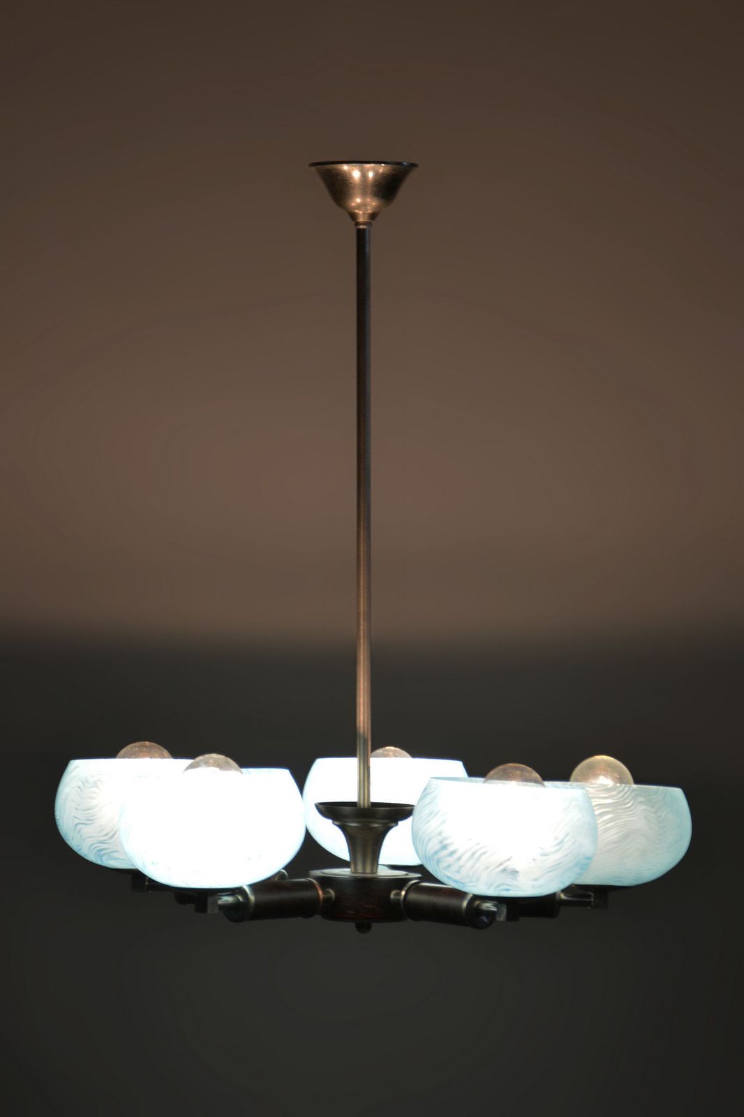 Lighting Restored Art Deco Chandelier, Chrome Plated Steel, Beech, Glass, Czech, 1920s photo
