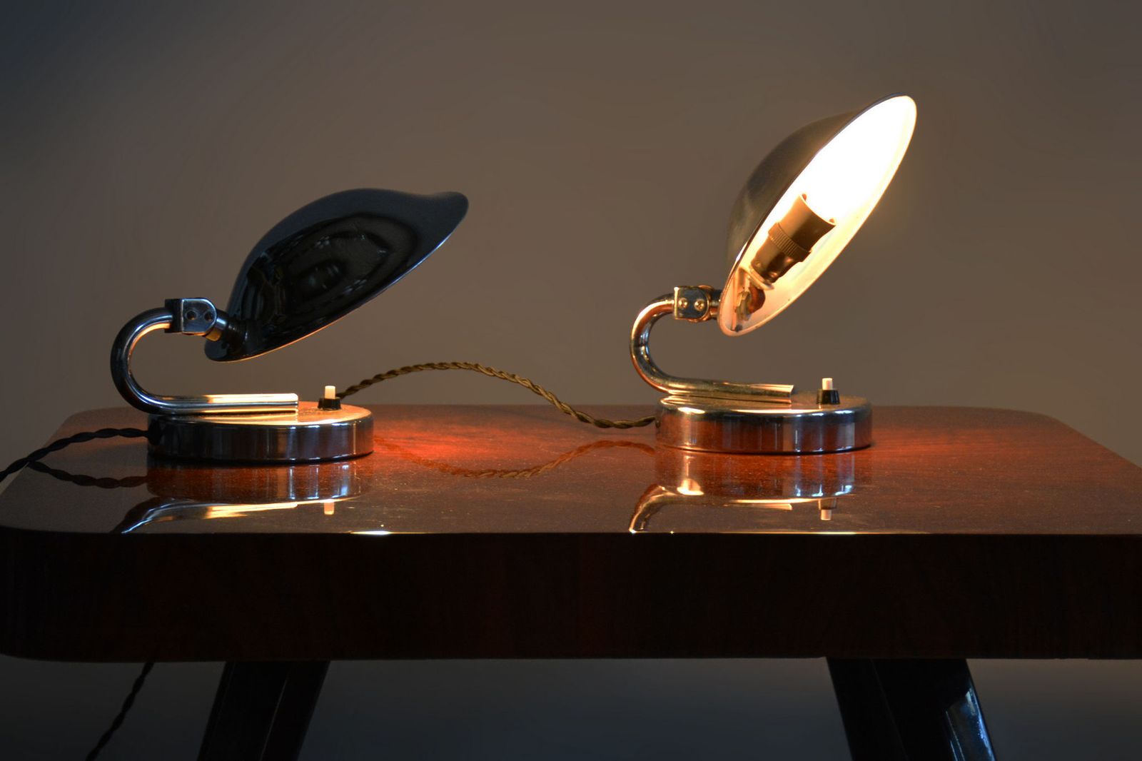 photo for sale Pair Of Restored Bauhaus Table Lamps, By Napako, Chrome, Steel, Czech, 1920s