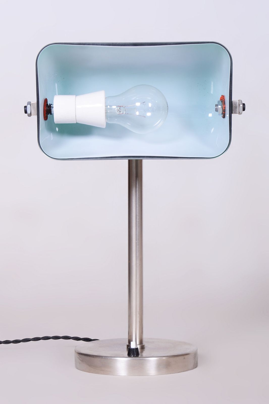 Restored Bauhaus Table Lamp, Nickel, Steel, Glass, Rewired, Czech, 1930s photo for sale