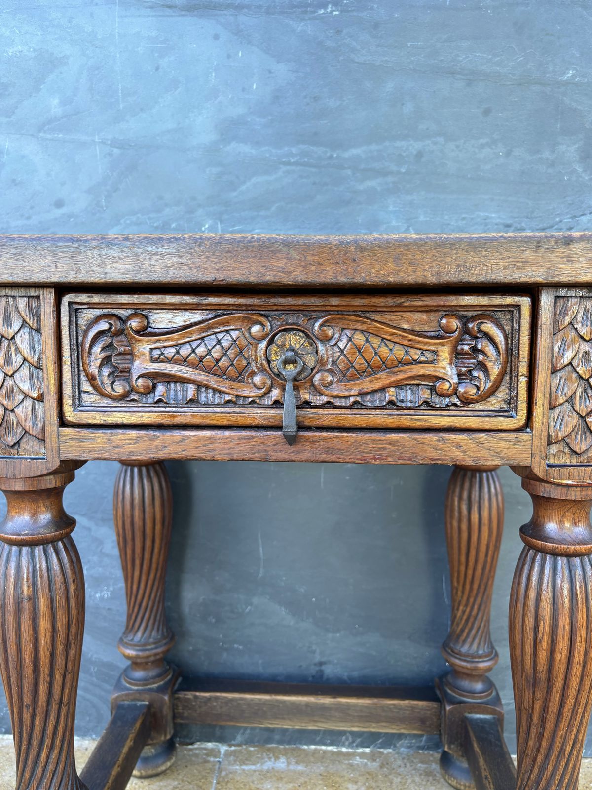 Spanish Renaissance Revival Oak Side Table With Drawer, Early 20th Century photo furniture