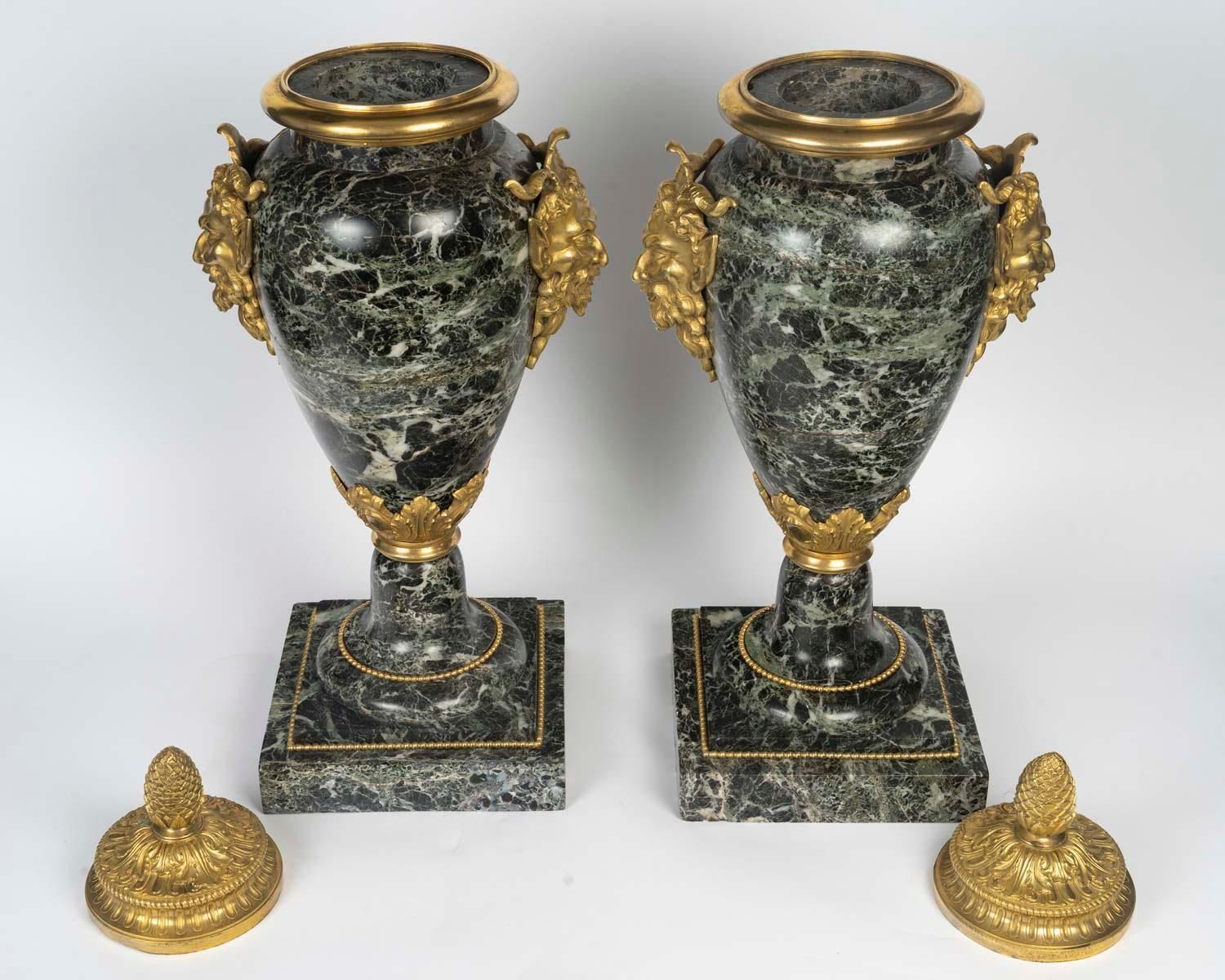 photo for sale Pair Of Monumental Sea Green Marble And Gilded Bronze Cassolettes