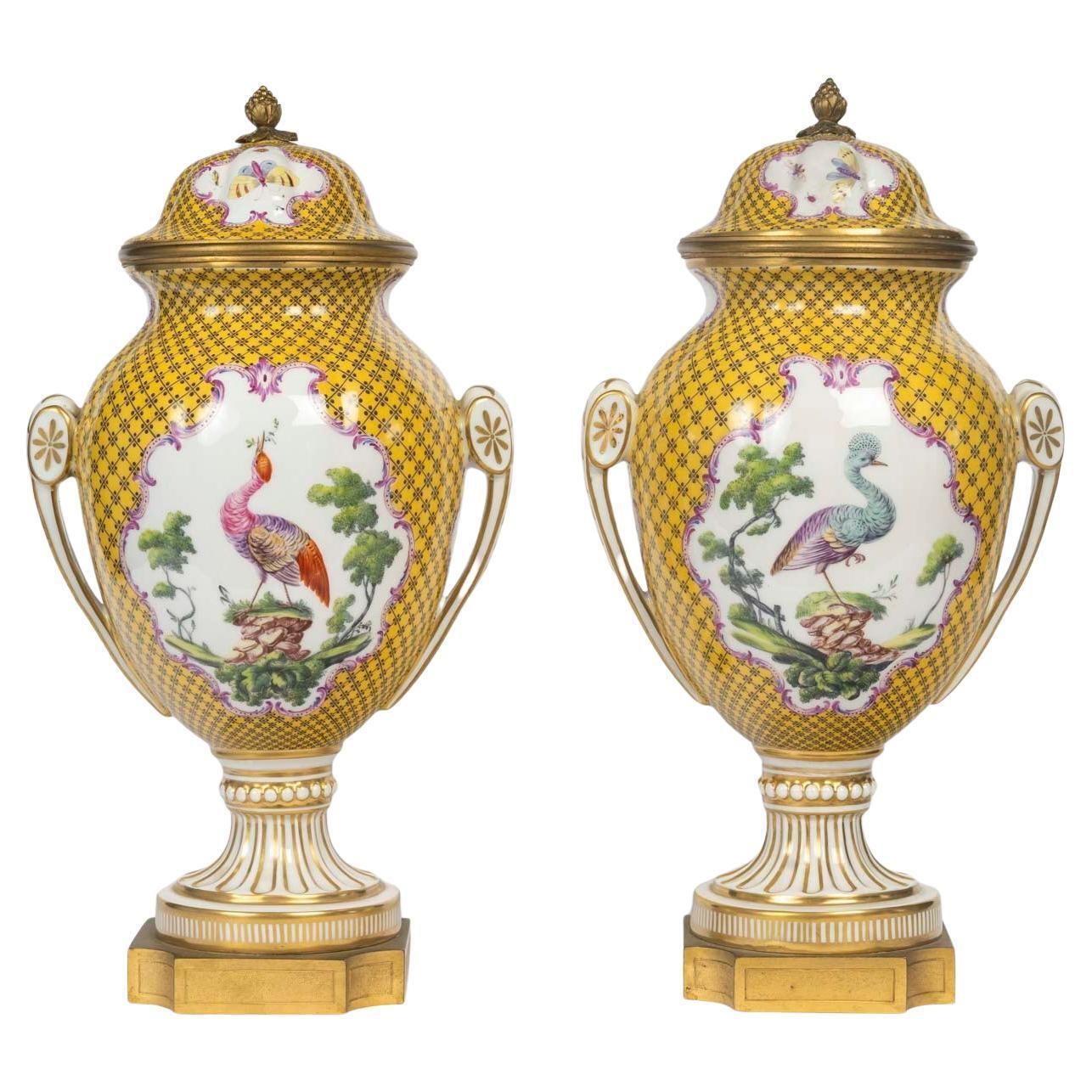 Pair Of Louis XVI Style Porcelain And Gilded Bronze Covered Vases