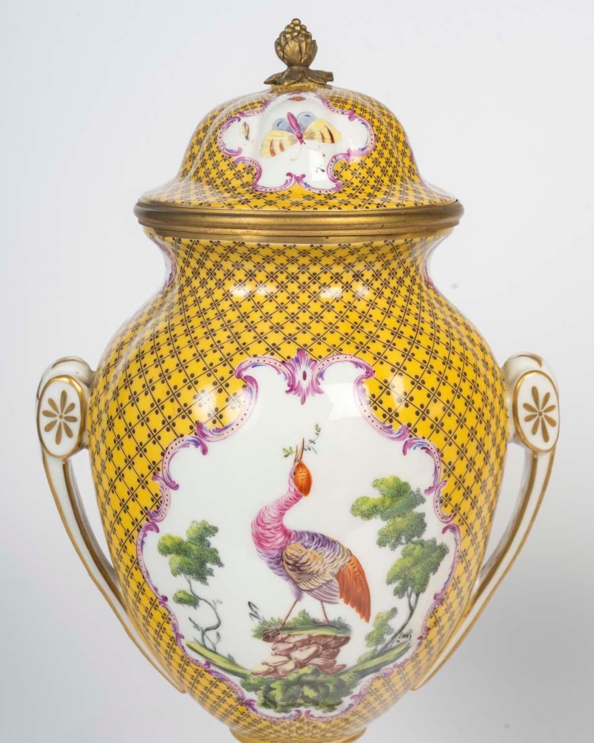 Pair Of Louis XVI Style Porcelain And Gilded Bronze Covered Vases photo for sale