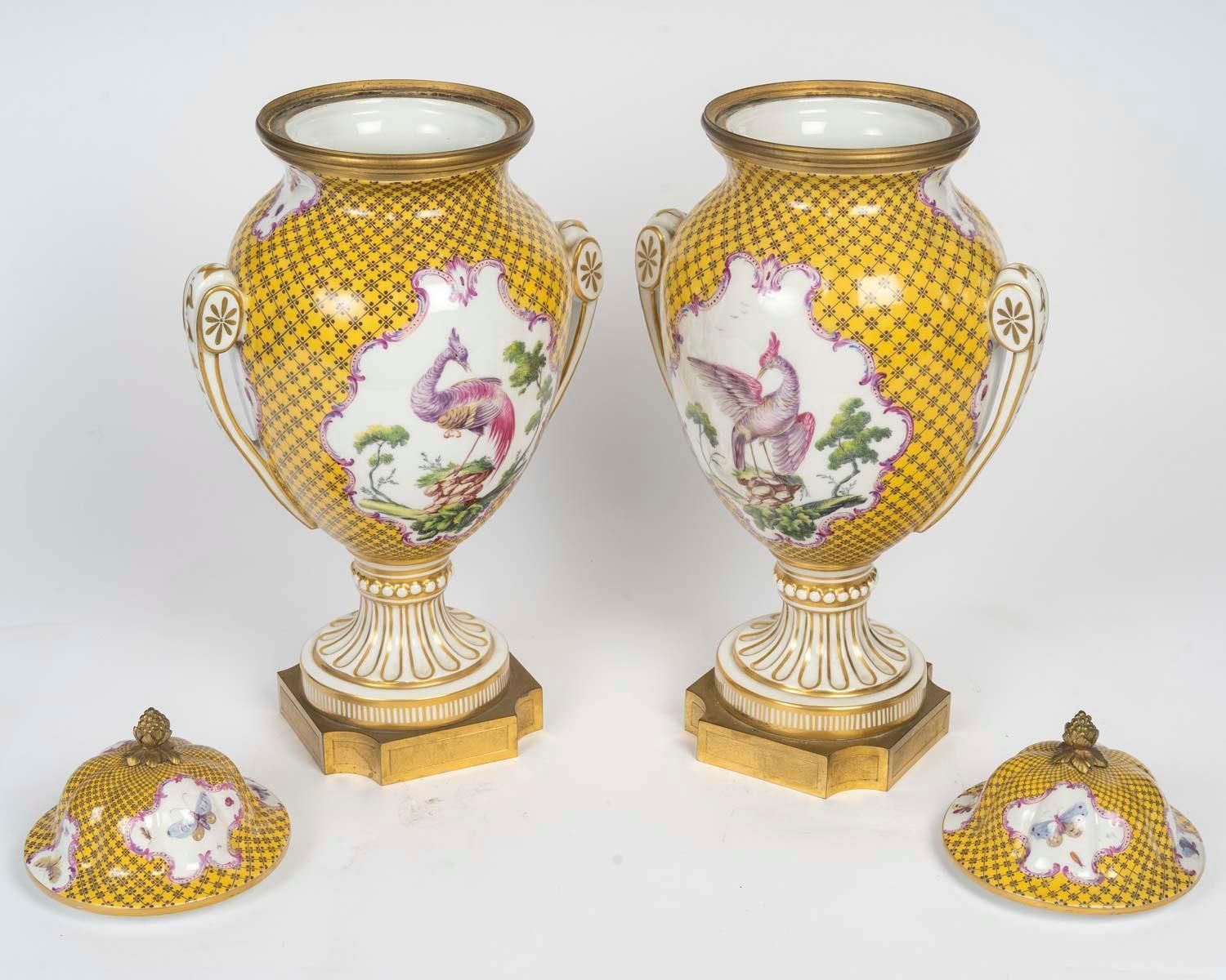 photo for sale Pair Of Louis XVI Style Porcelain And Gilded Bronze Covered Vases