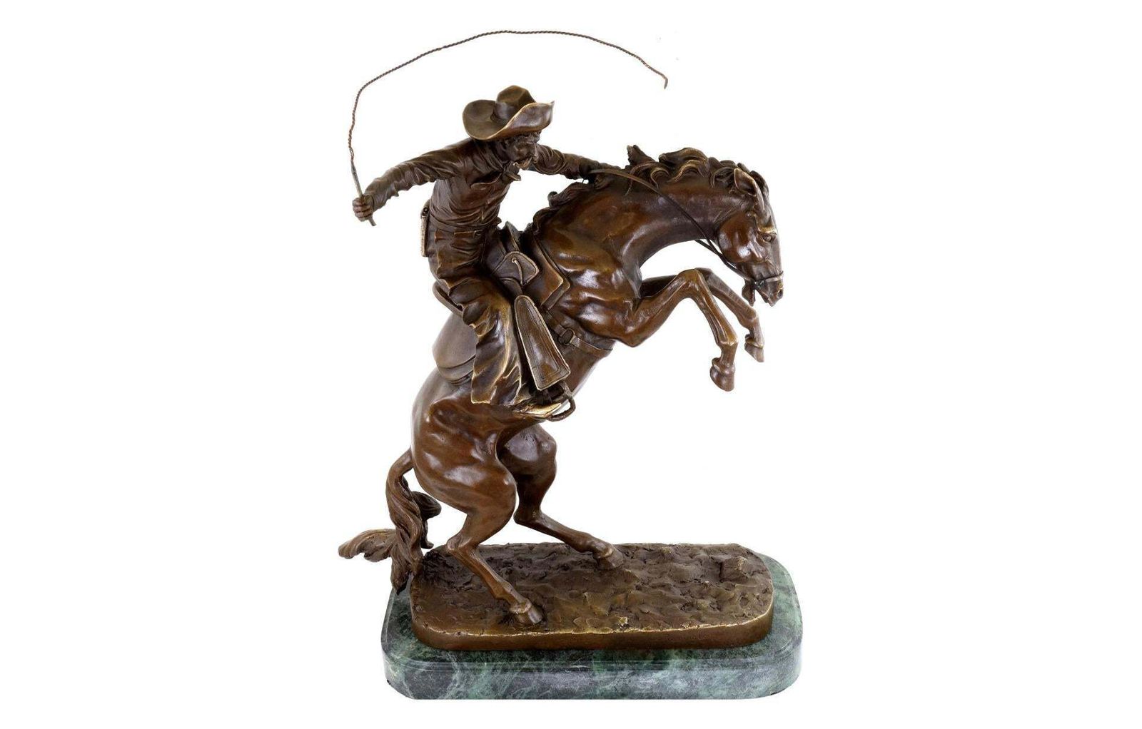Western Bronze Sculpture Depicting A Cowboy On A Rearing Horse, 20th Century. photo furniture