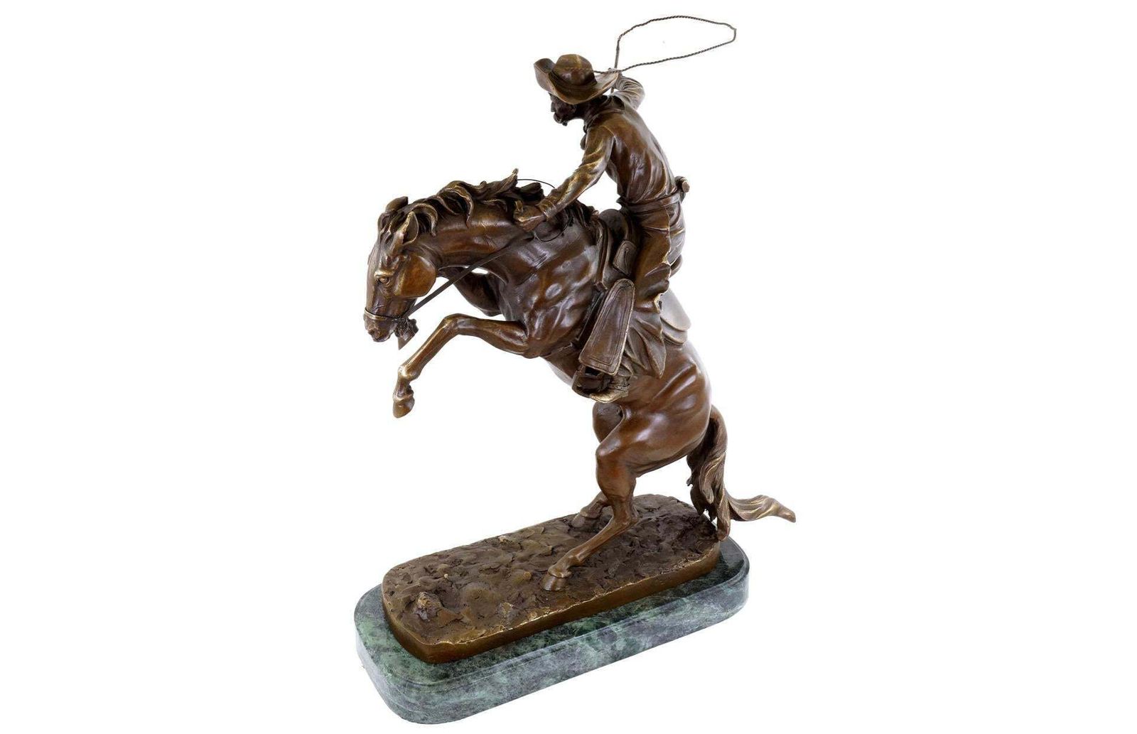 Western Bronze Sculpture Depicting A Cowboy On A Rearing Horse, 20th Century. photo vinterior