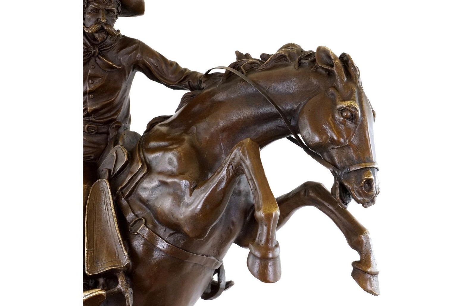 Western Bronze Sculpture Depicting A Cowboy On A Rearing Horse, 20th Century. photo vintage