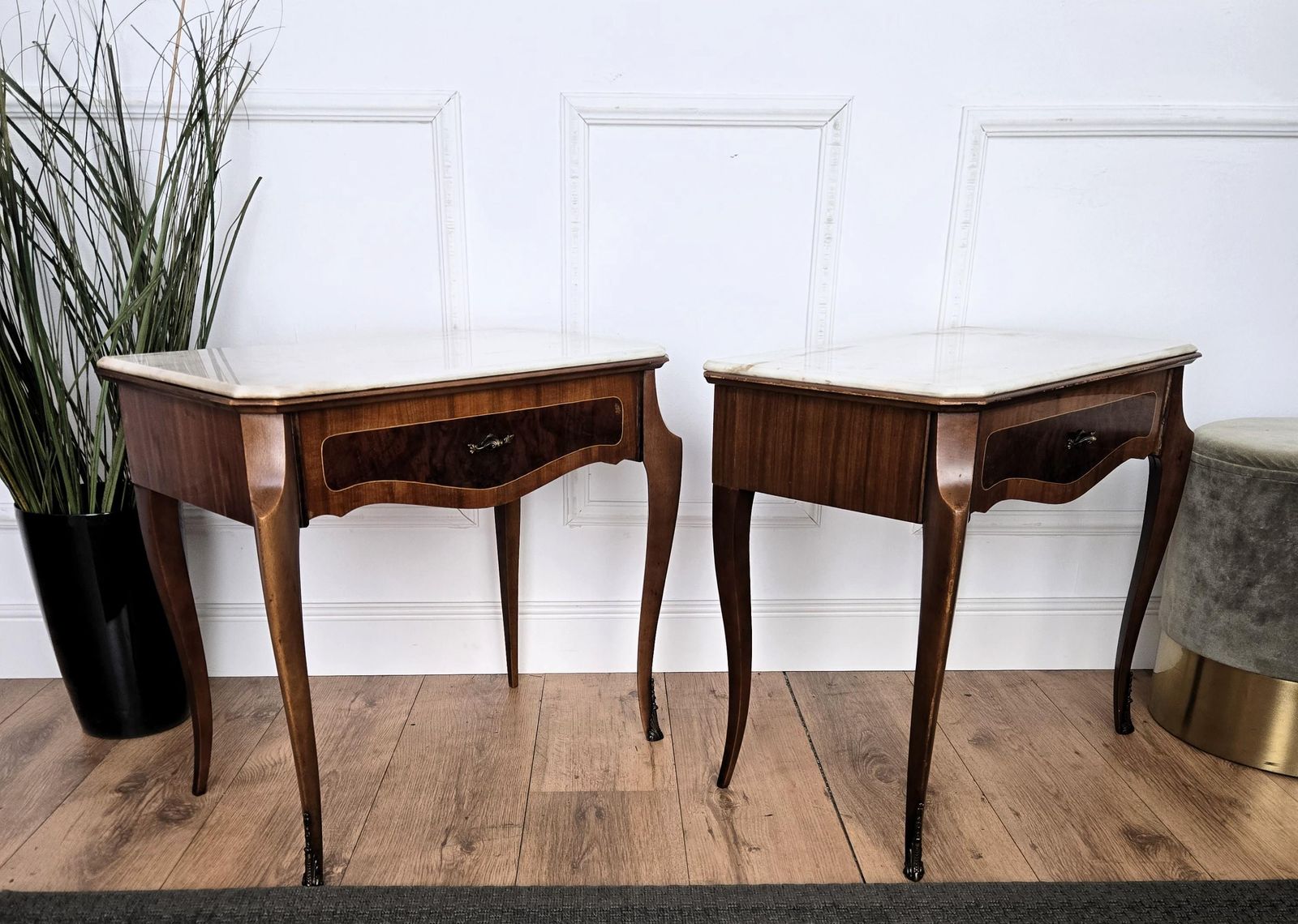 photo furniture Pair Of Italian Mid Century Wood Marble Top Night Stands Bedside Tables