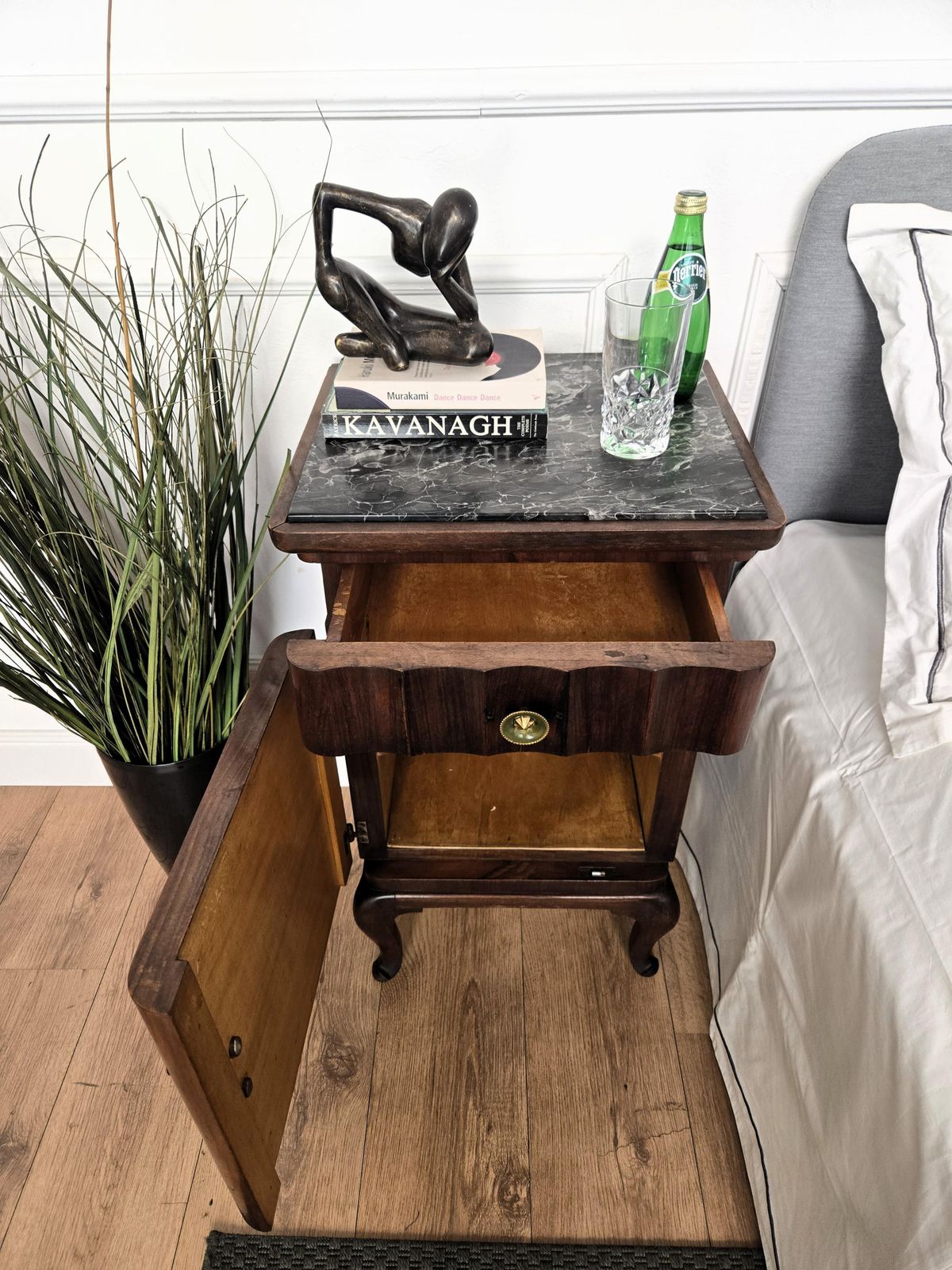 Pair Of Italian Art Deco Night Stands Bed Tables In Walnut Portoro Marble photo Furniture