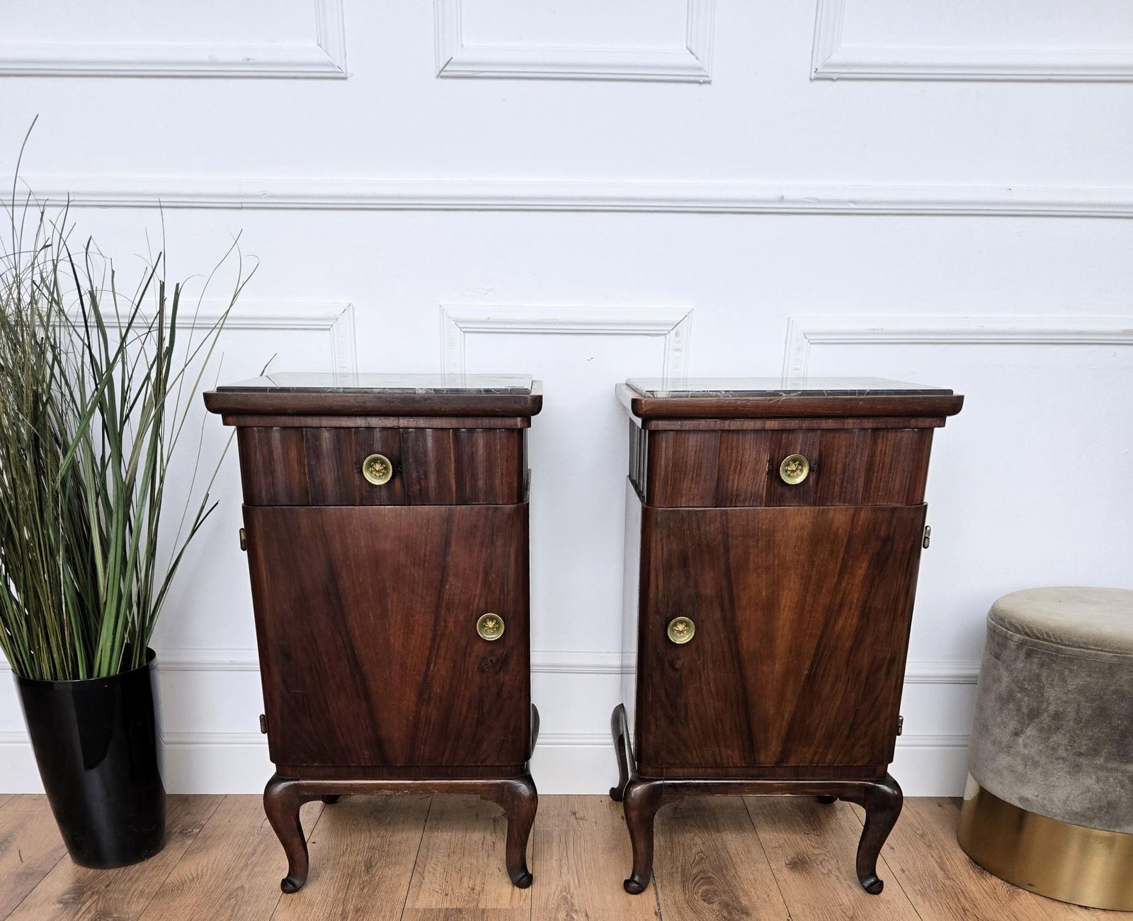 Pair Of Italian Art Deco Night Stands Bed Tables In Walnut Portoro Marble photo vinterior