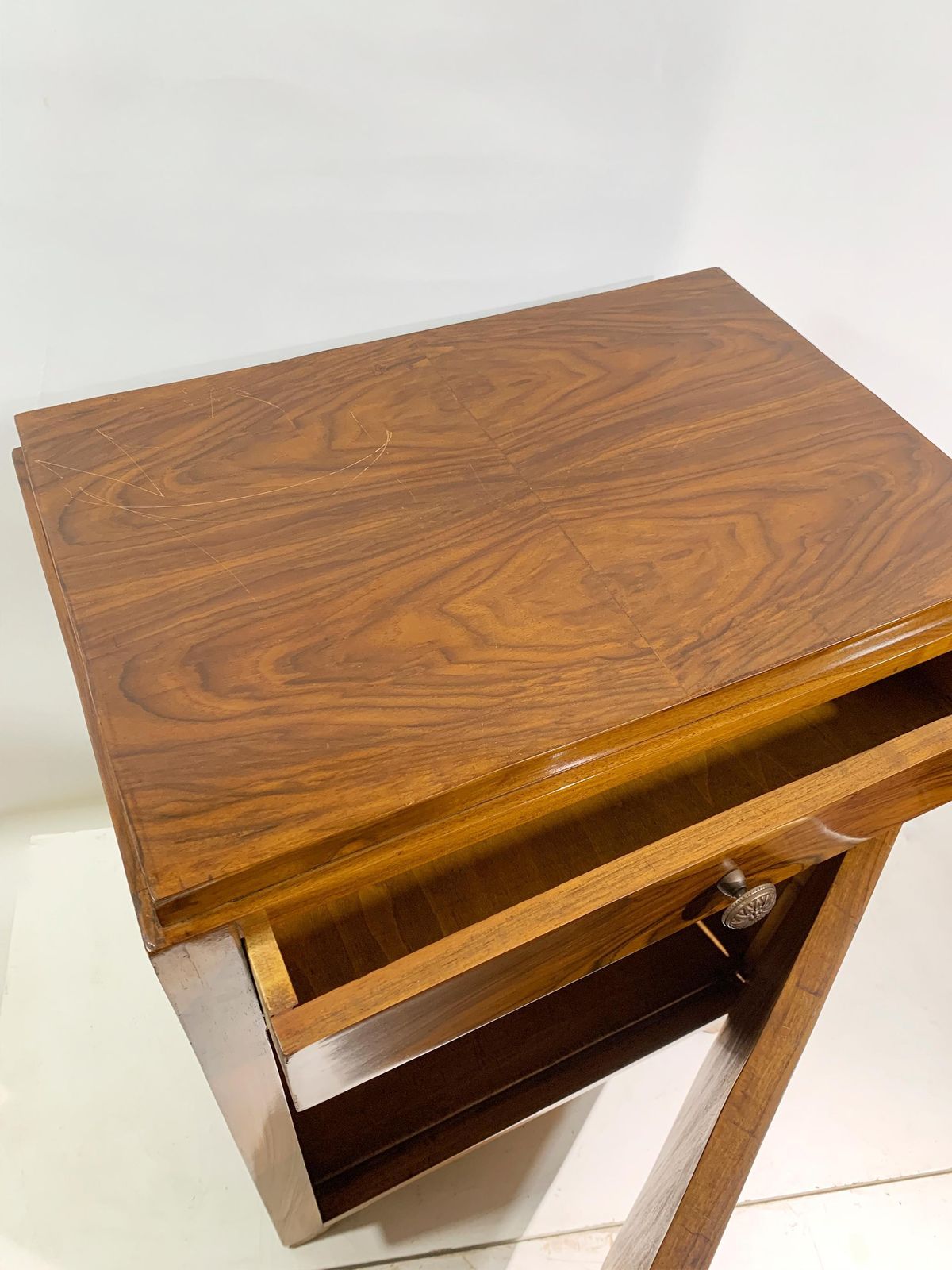 photo for sale Art Deco Figured Walnut Veneer Bedside Cabinet /Nightstand, France, Circa 1940's