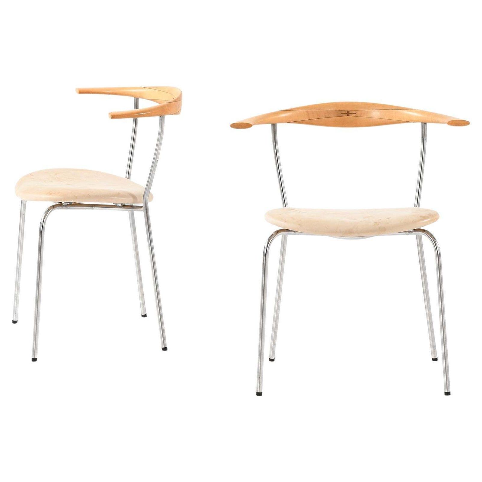 Set Of 2 Armchairs In Birch And Leather By Hans Wegner, 1960s