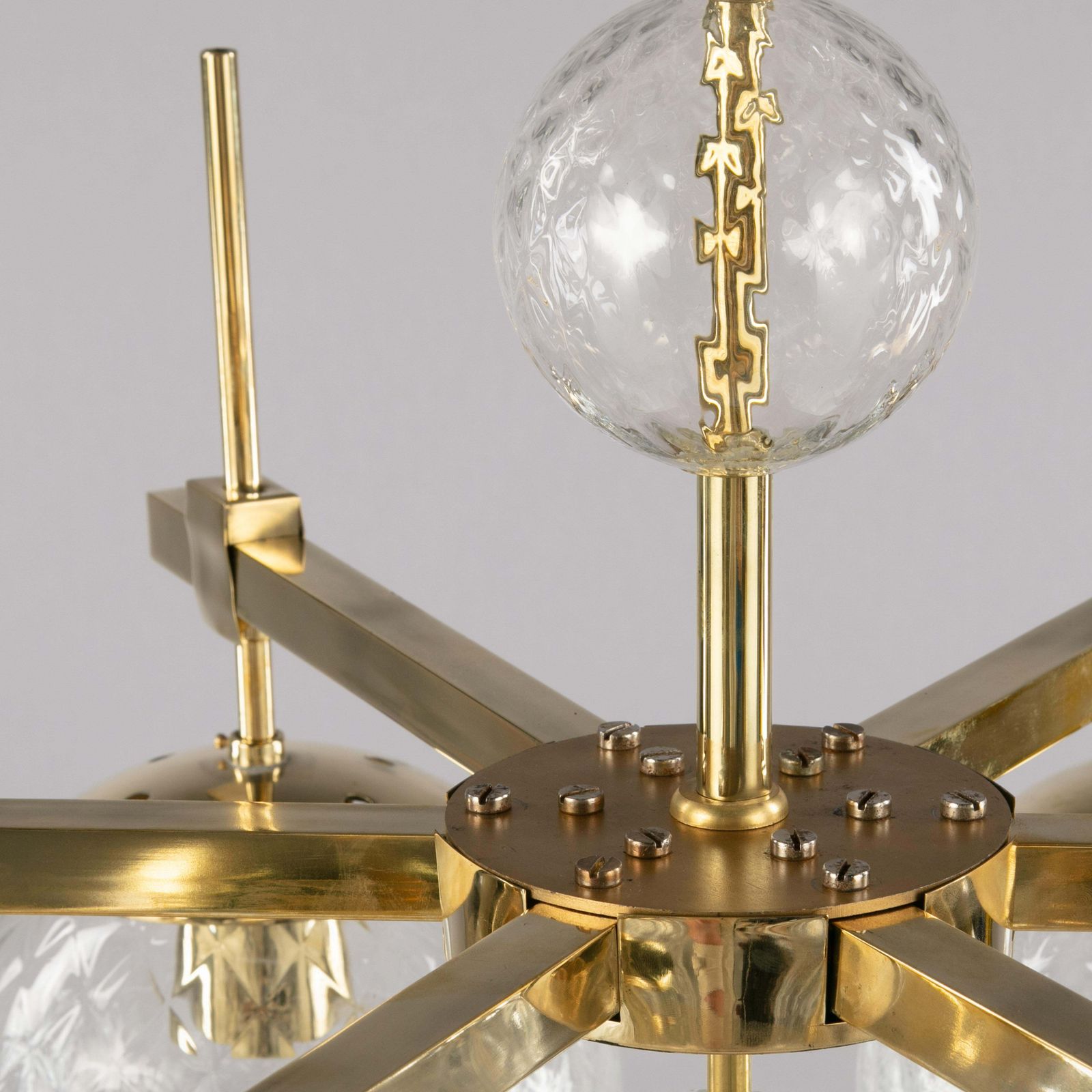 1970s Czech Brass And Textured Glass Chandelier, Bohemian photo Lighting
