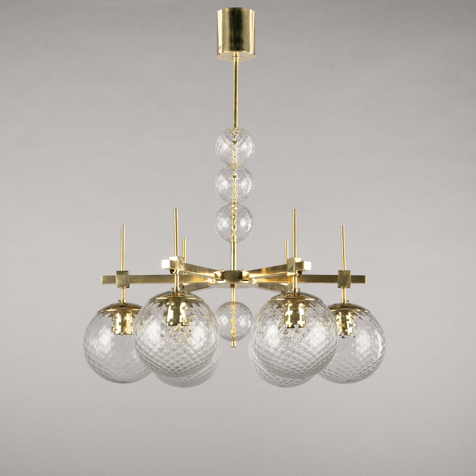 1970s Czech Brass And Textured Glass Chandelier, Bohemian photo vintage