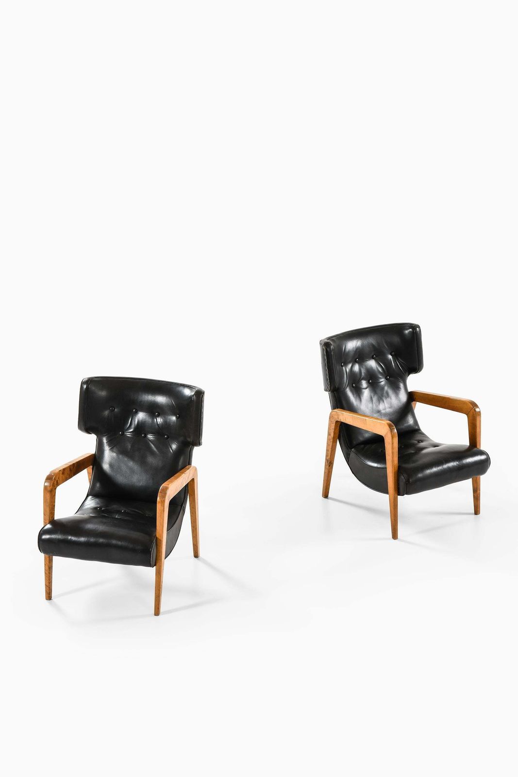 Set Of 2 Easy Chairs In Leather And Brich, 1950s photo for sale
