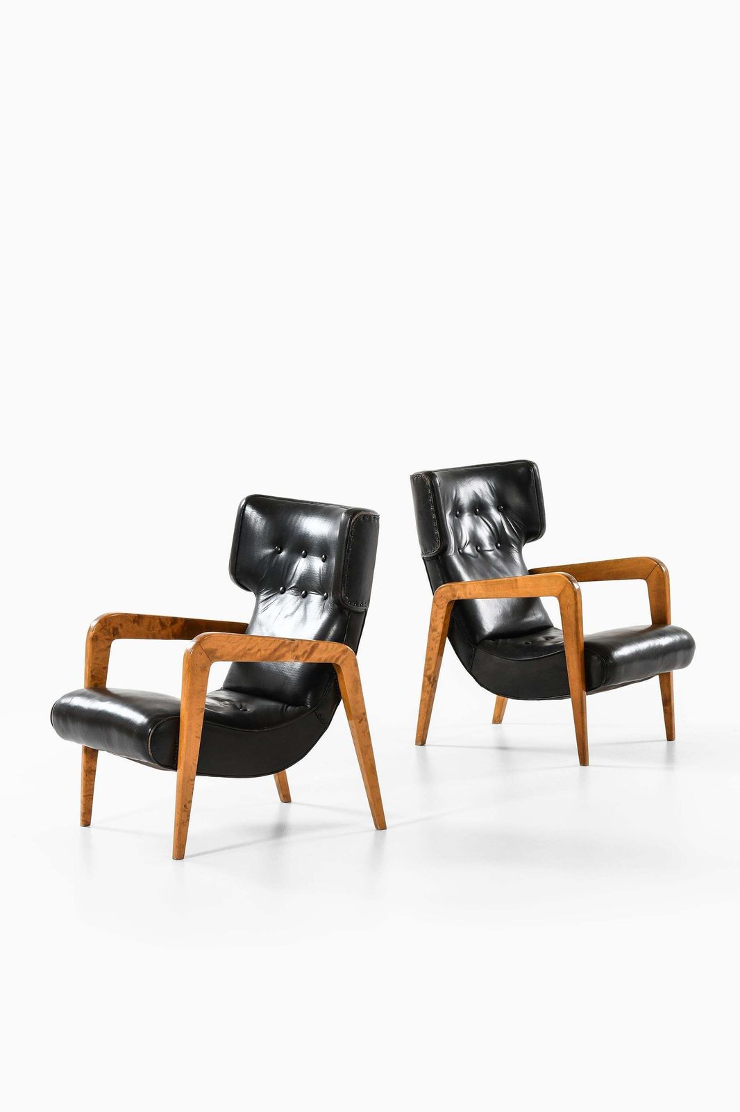 Set Of 2 Easy Chairs In Leather And Brich, 1950s photo 9186.0
