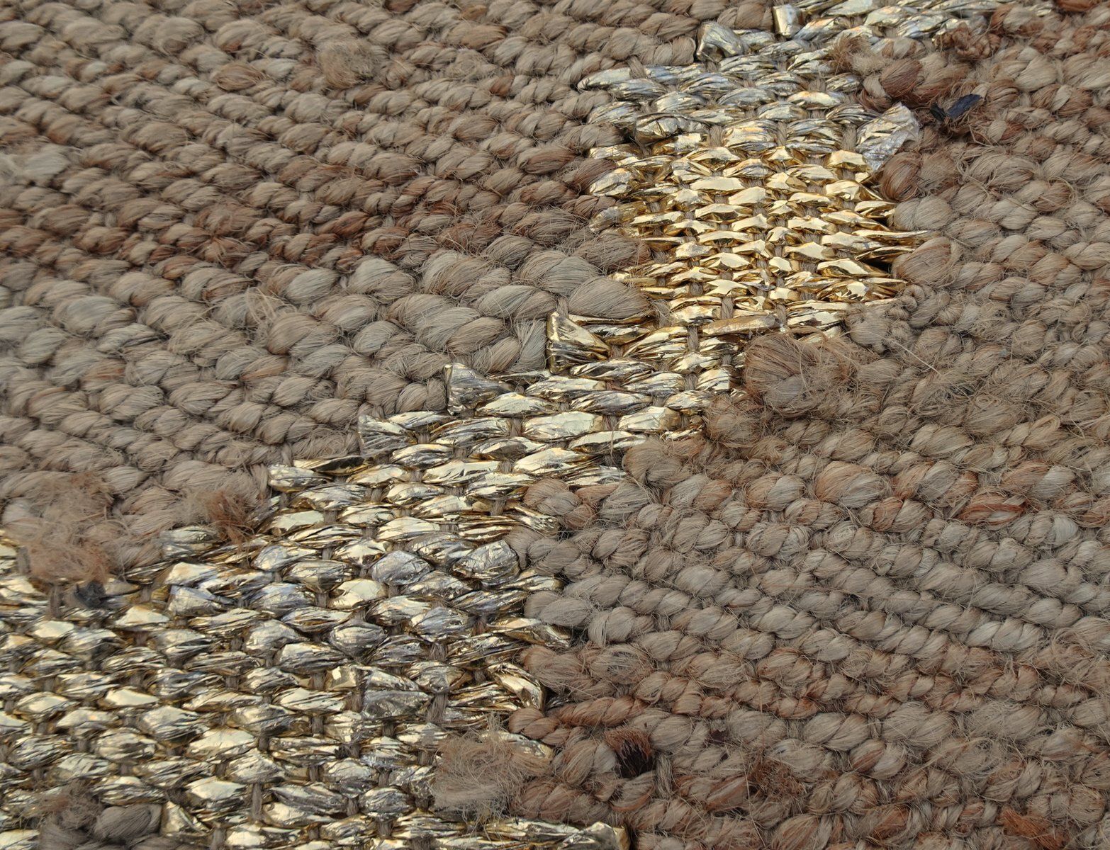 photo vinterior Hand Knotted Jute And Gold Foiled Papercord Rug, 1980s