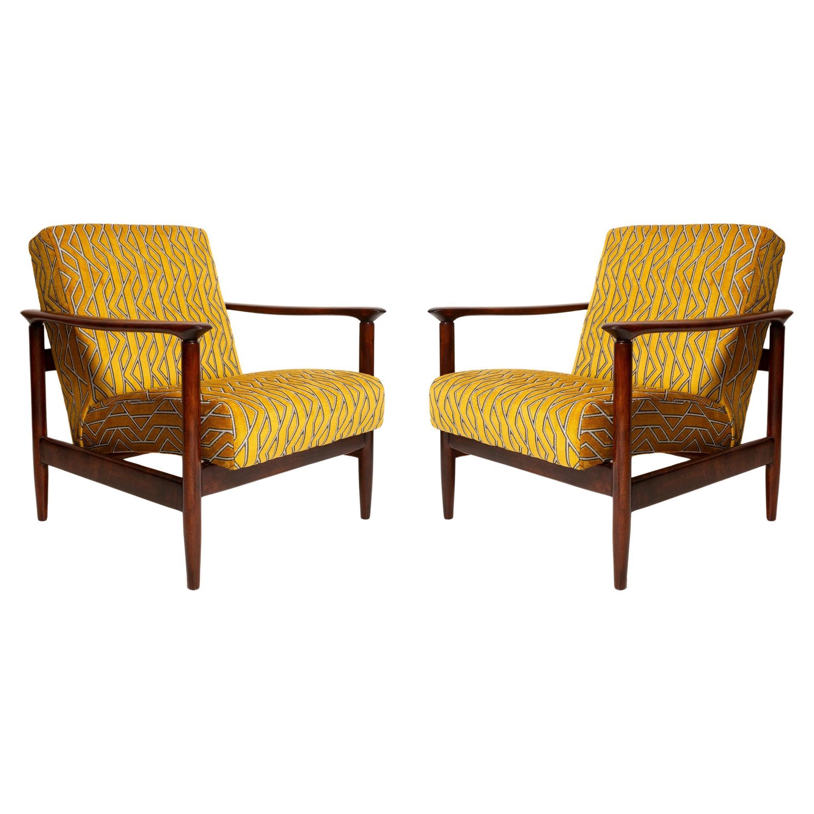 Pair Of Mid Century Yellow Jacquard Velvet Armchairs, Edmund Homa, Gfm 142, 1960