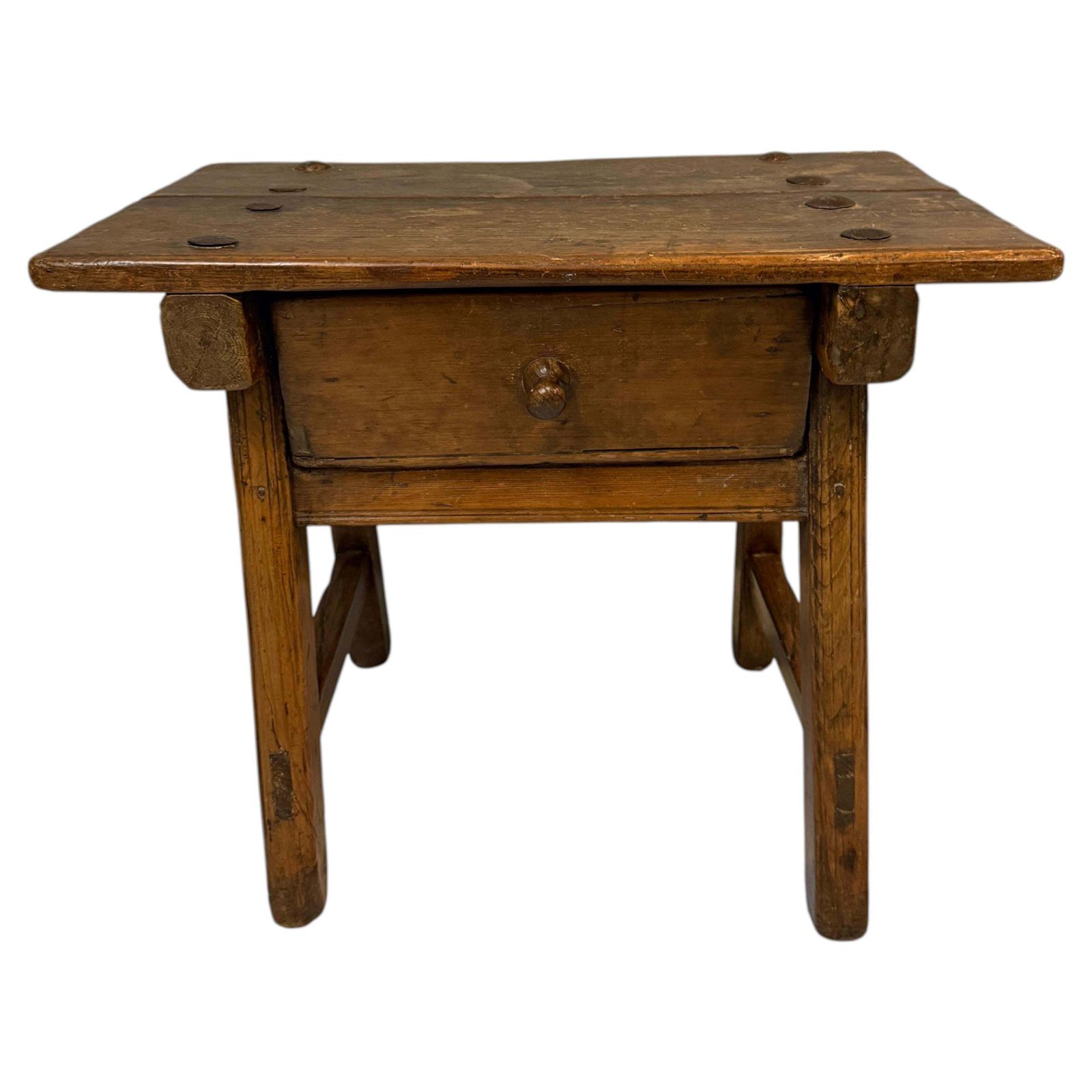 Early Spanish Pine Side Table With Drawer, Primitive Rustic Table, 19th Century