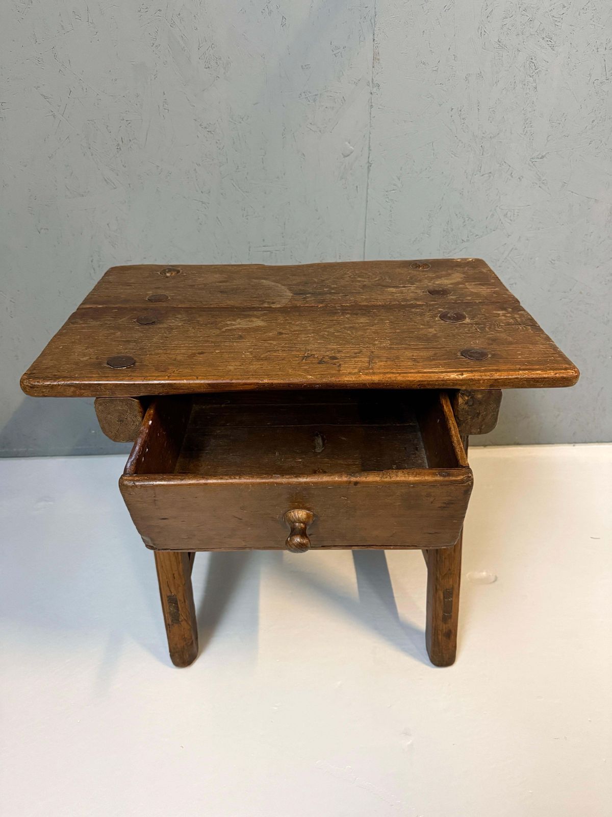 photo for sale Early Spanish Pine Side Table With Drawer, Primitive Rustic Table, 19th Century